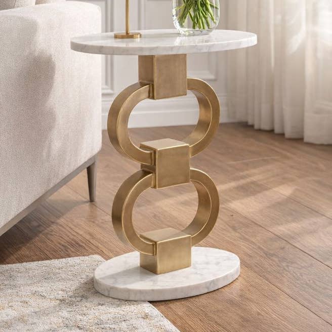 Side Table - Gold Metal Link with Marble Top, 24 in.