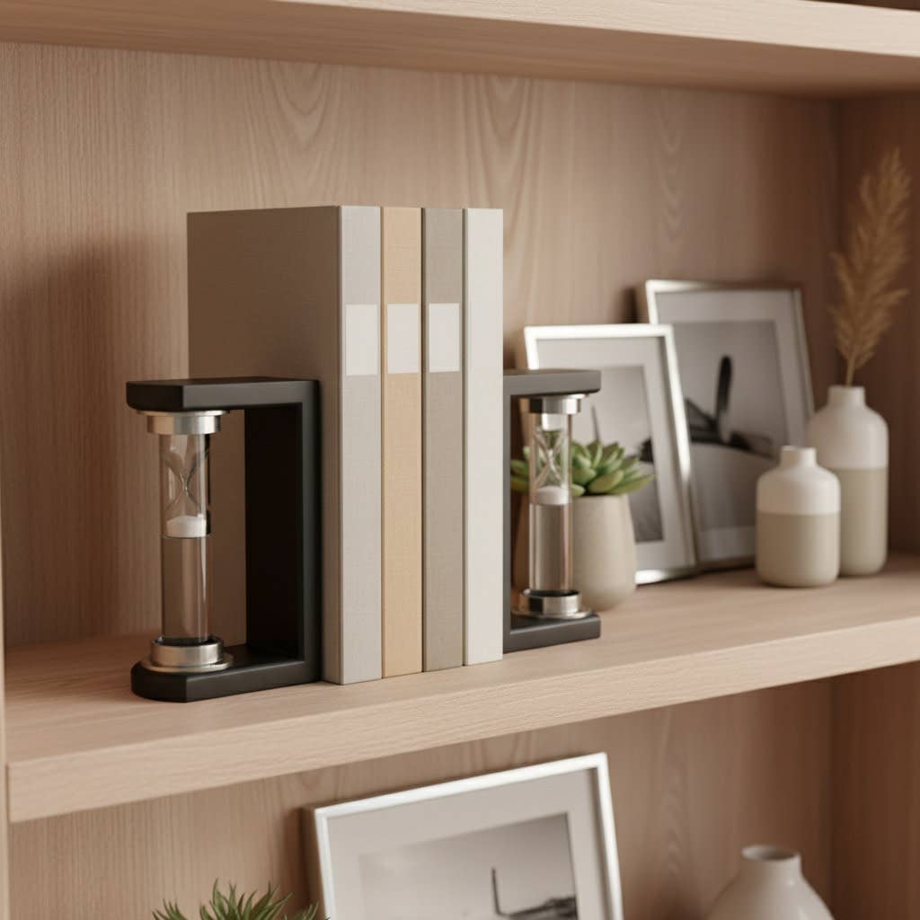 Bookends Set of 2 - Black Wood Hourglass Design, 8 in.