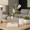 Decorative Sculpture- Gold/Green Metal Crystal Tree, 9 in.