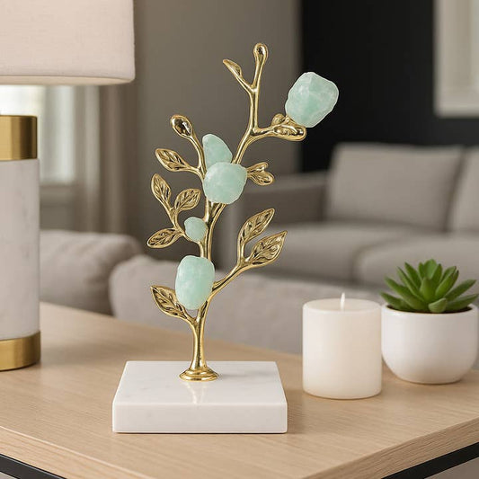 Decorative Sculpture- Gold/Green Metal Crystal Tree, 9 in.
