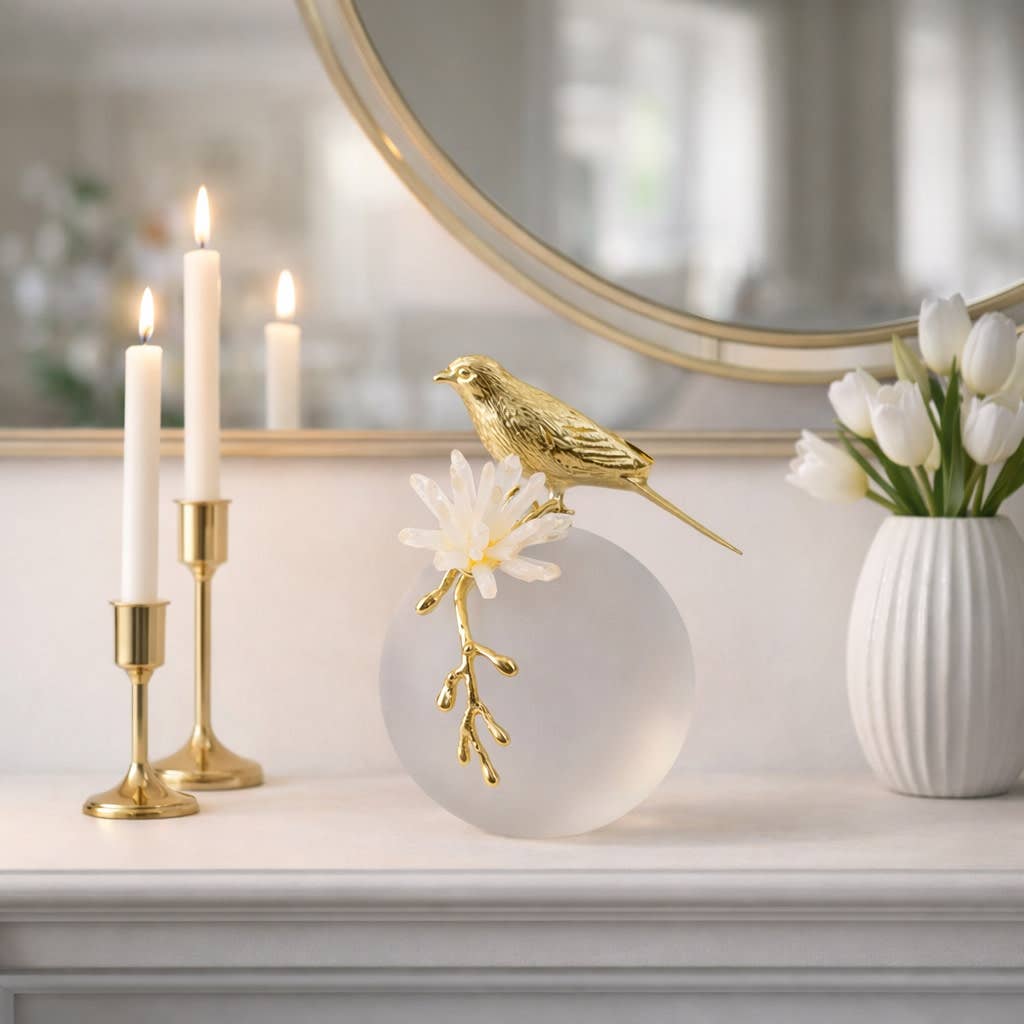 Sculpture - White and Gold Metal Bird On Sphere, 7 in.