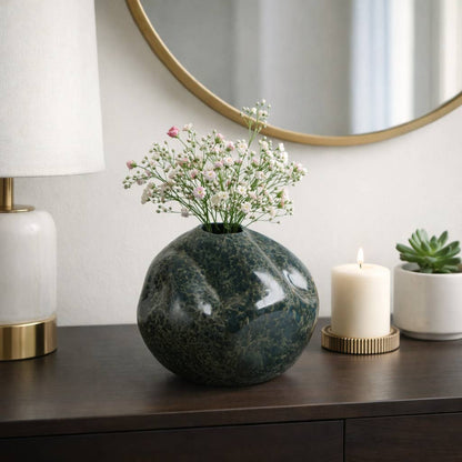 Decorative Vase - Green Ceramic Marbled Textured, 8 in.