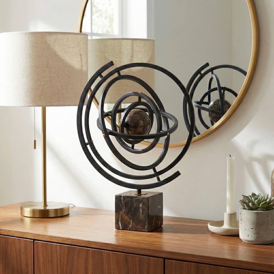 Sculpture - Brown Metal Rings with Marble Base, 17 in.