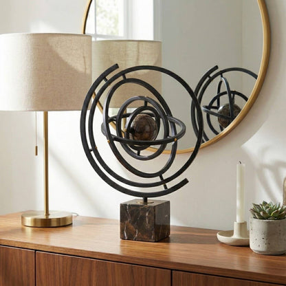 Sculpture - Brown Metal Rings with Marble Base, 17 in.