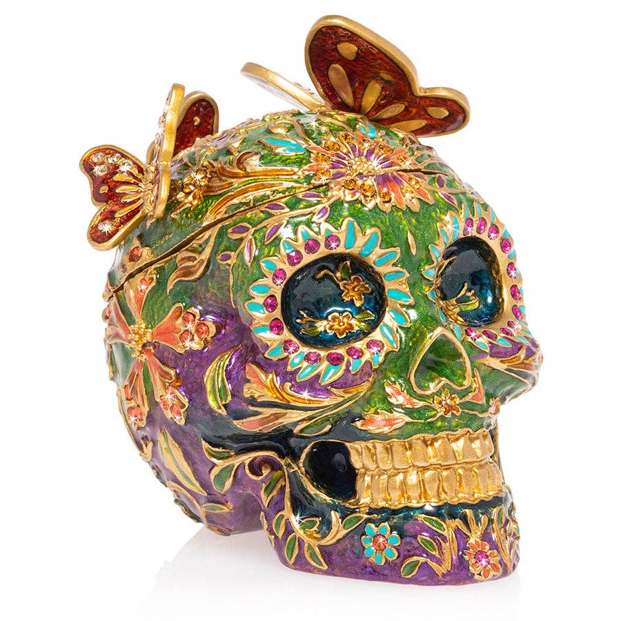 Jay Strongwater Rivera Skull with Butterflies Decorative Box, Red Butterfly Flower Swarovski Crystal Enamel Gold-Finished