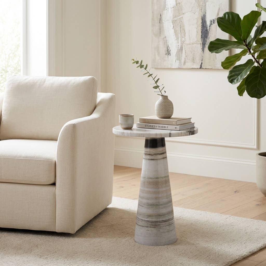 Side Table - Ivorry Marble Minimalist Pedestal Base, 22 in.