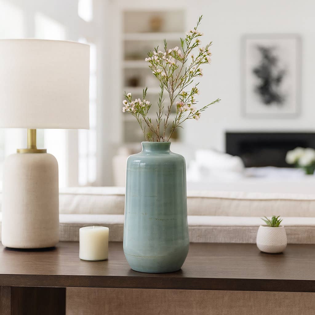 Decorative Vase - Green Ceramic Minimalist Tall, 12 in.