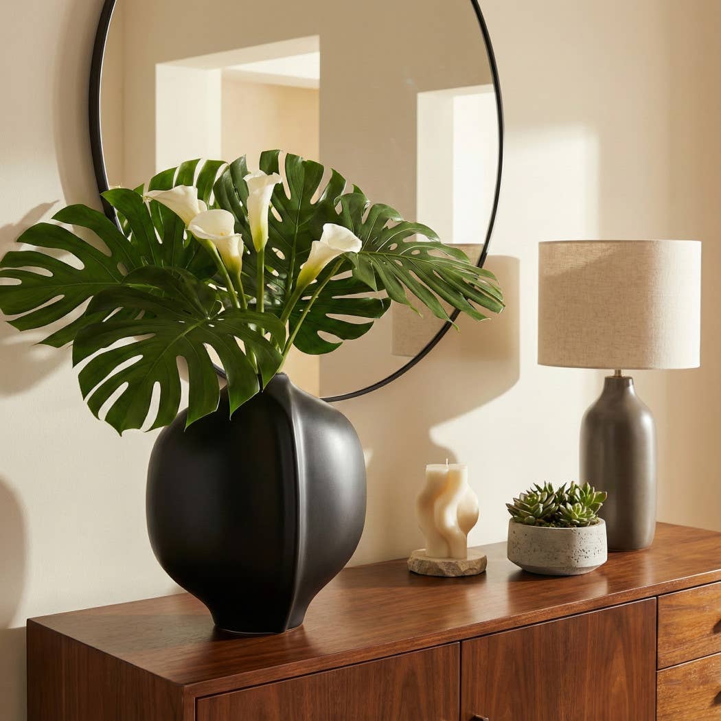 Decorative Vase - Black Ceramic Wavy Textured Design, 12 in.