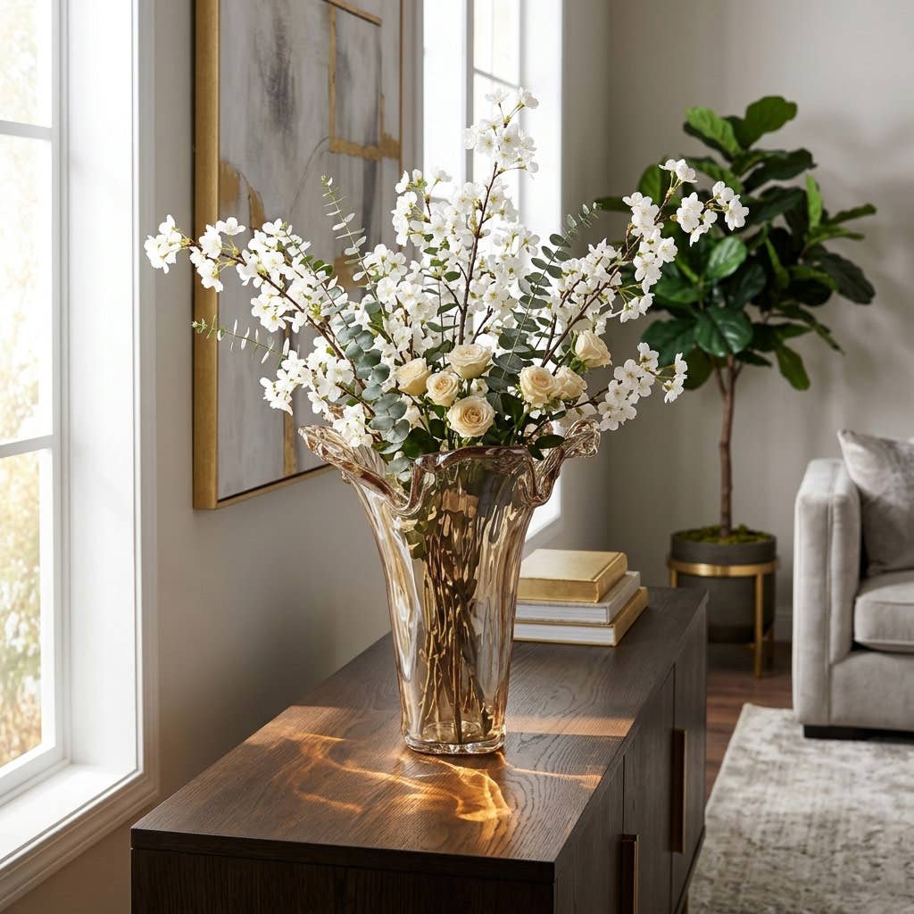 Decorative Vase - Brown Italian Glass Tall Wavy Rim, 15 in.