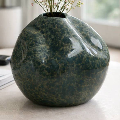 Decorative Vase - Green Ceramic Marbled Textured, 8 in.