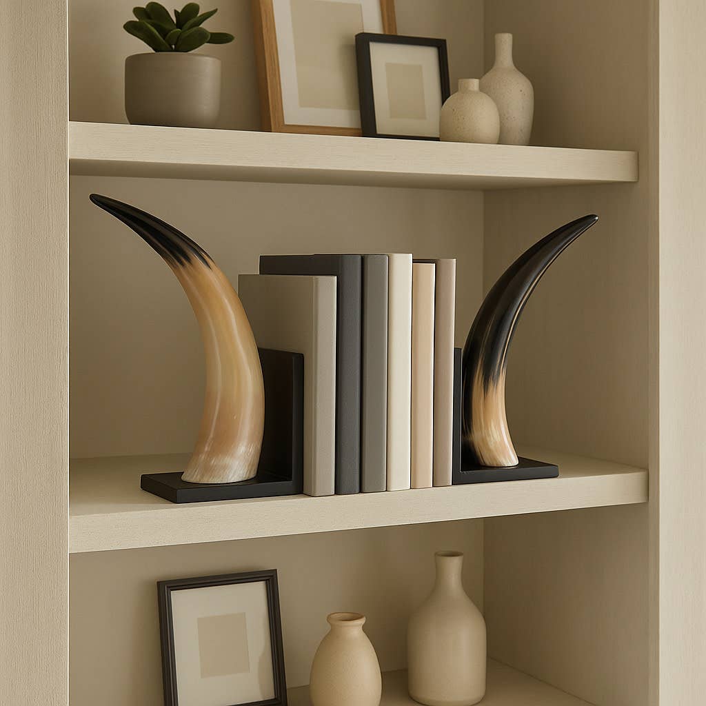 Bookends Set of 2 - Black Resin Stylish Horn, 14 in.