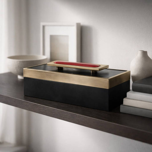 Decorative Box - Black/Red Wood Rectangle with Lid, 14 in.