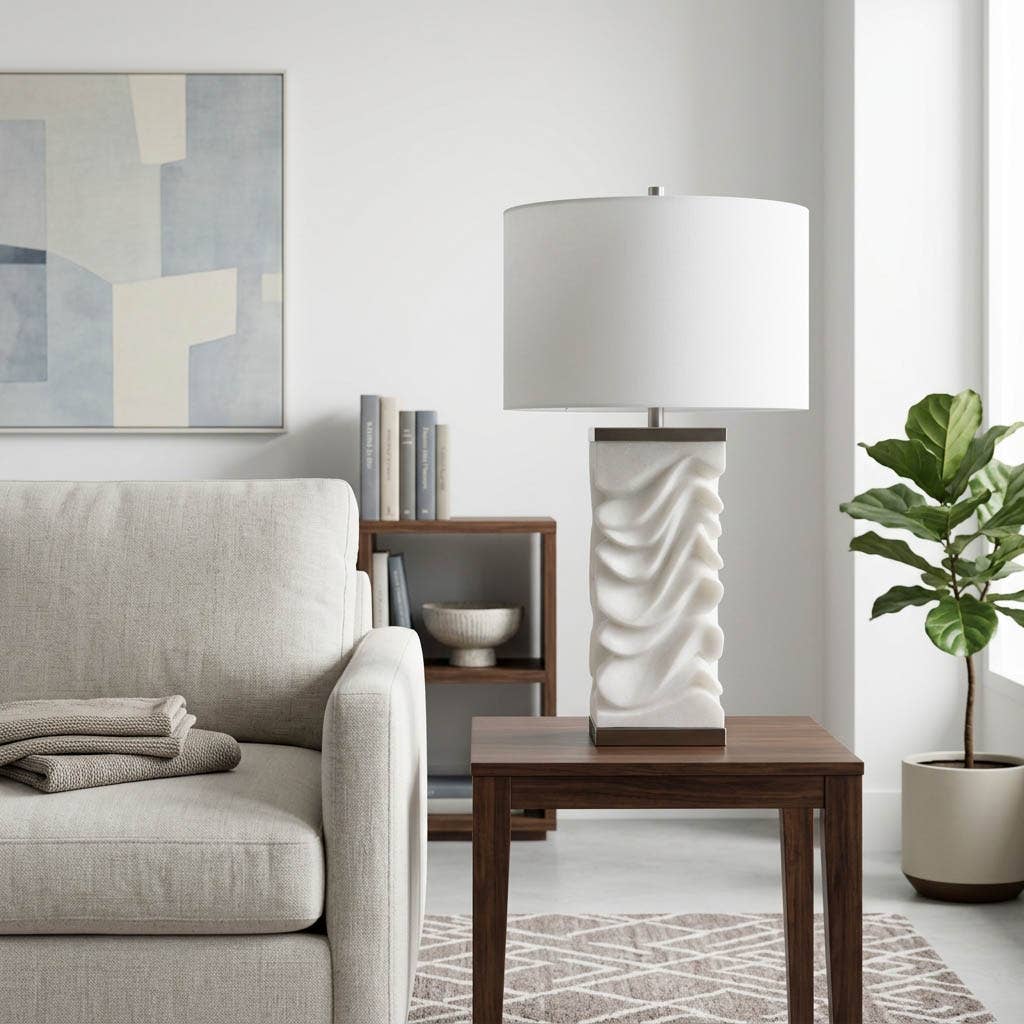 Table Lamp - White Quartz & Resin Square Wavy Base, 30 in.
