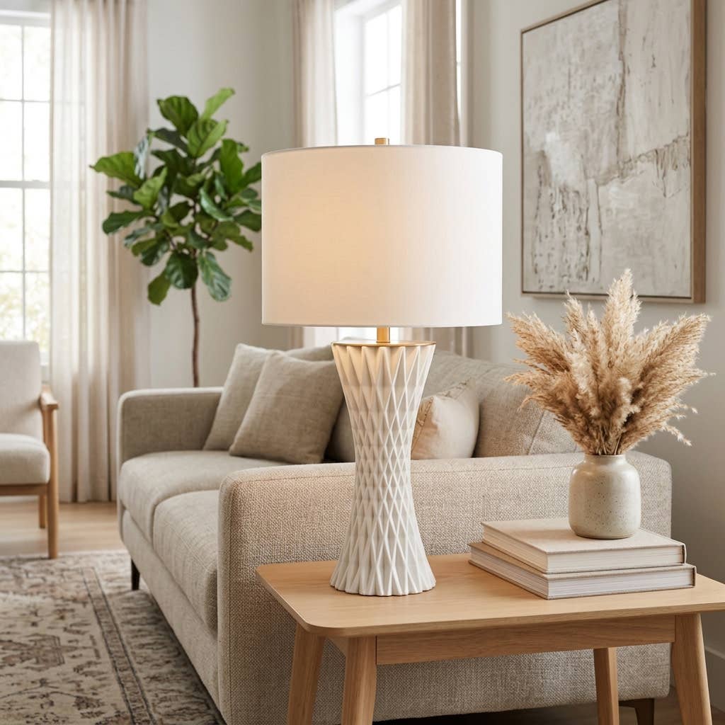 Table Lamp - White Porcelain 3D Printed Fabric Shade, 26 in.