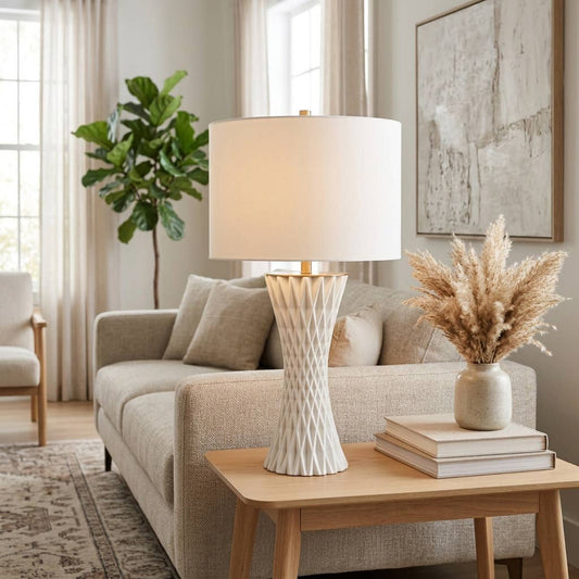 Table Lamp - White Porcelain 3D Printed Fabric Shade, 26 in.