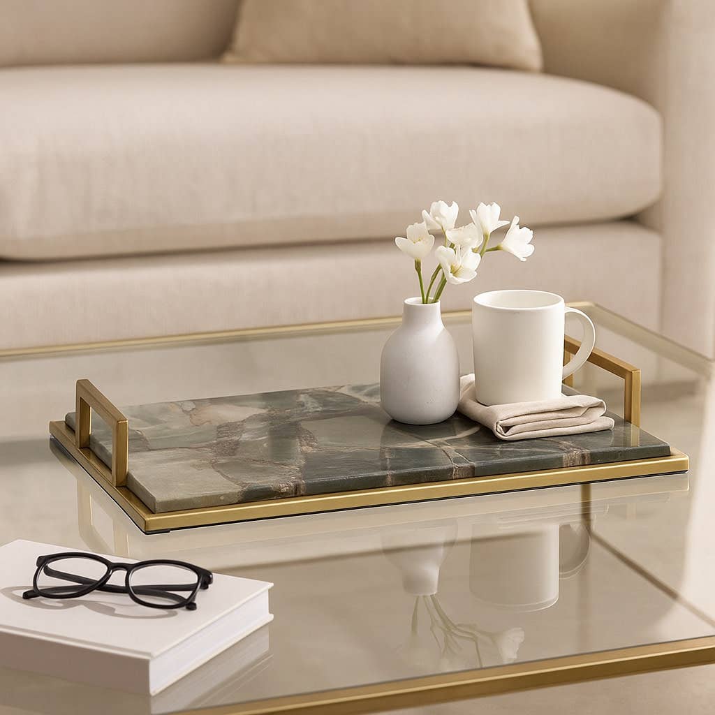Decorative Tray - Green Agate with Metal Sides, 23 in.