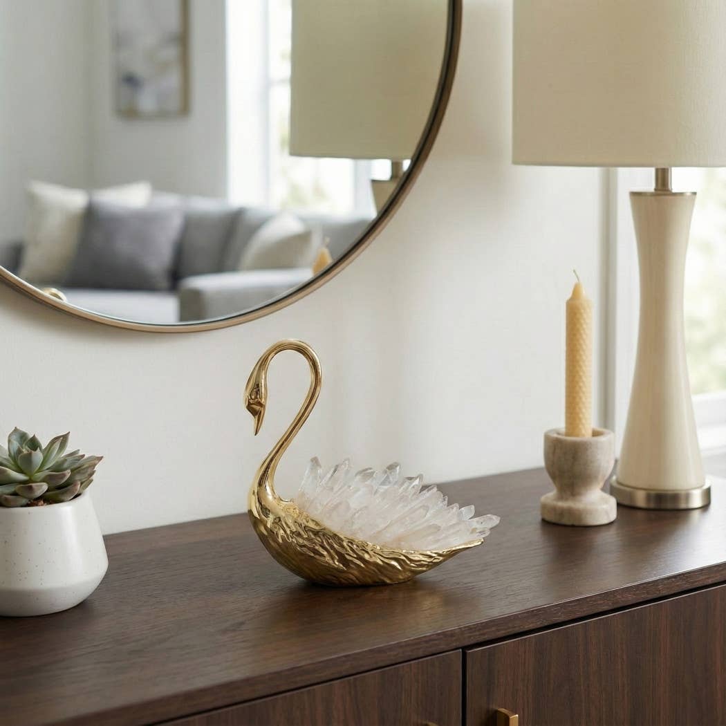 Decorative Object - Gold Metal Swan with Crystal Stone, 6 in