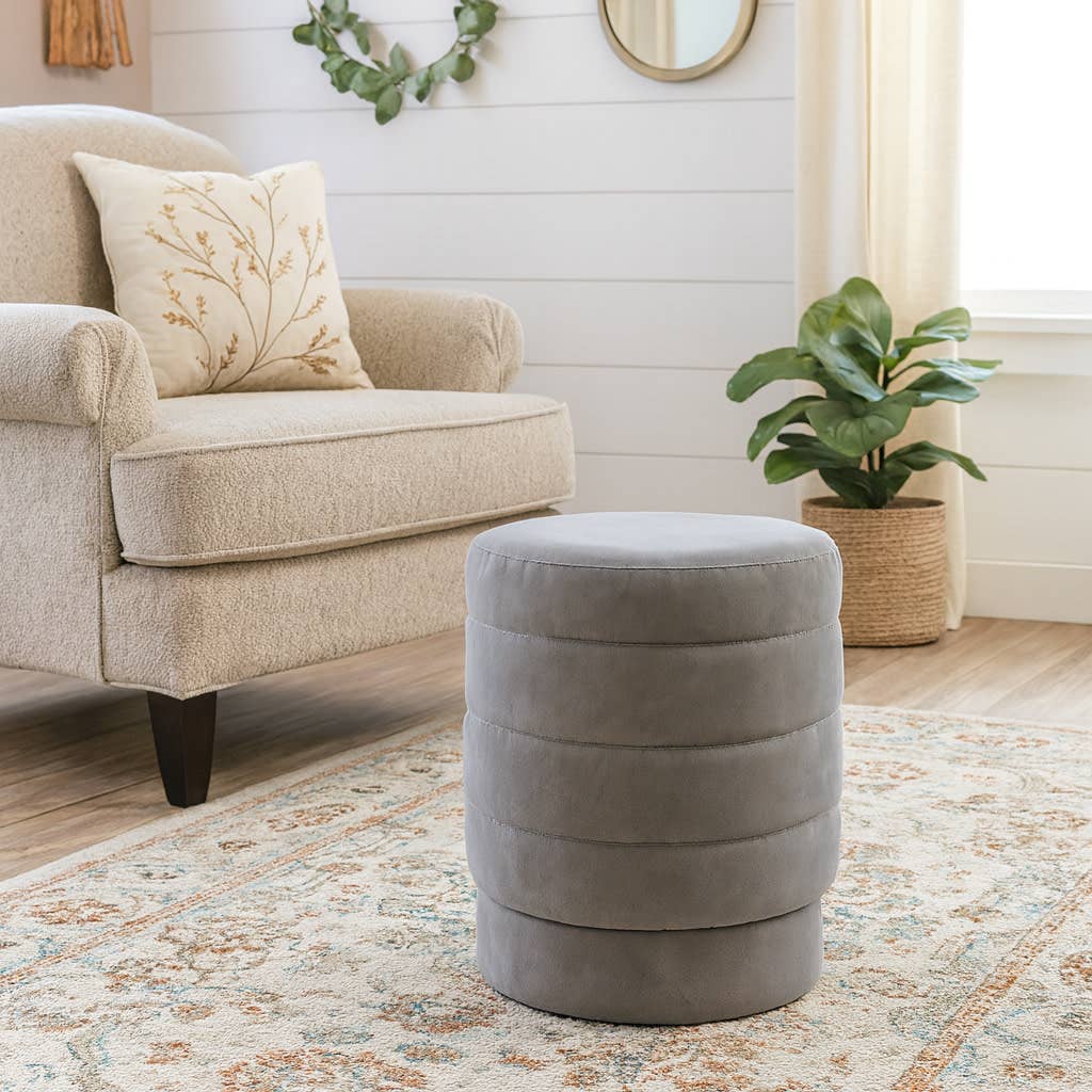 Ottoman Stool - Gray Wood Round Stylish Foot Rest, 19 in.