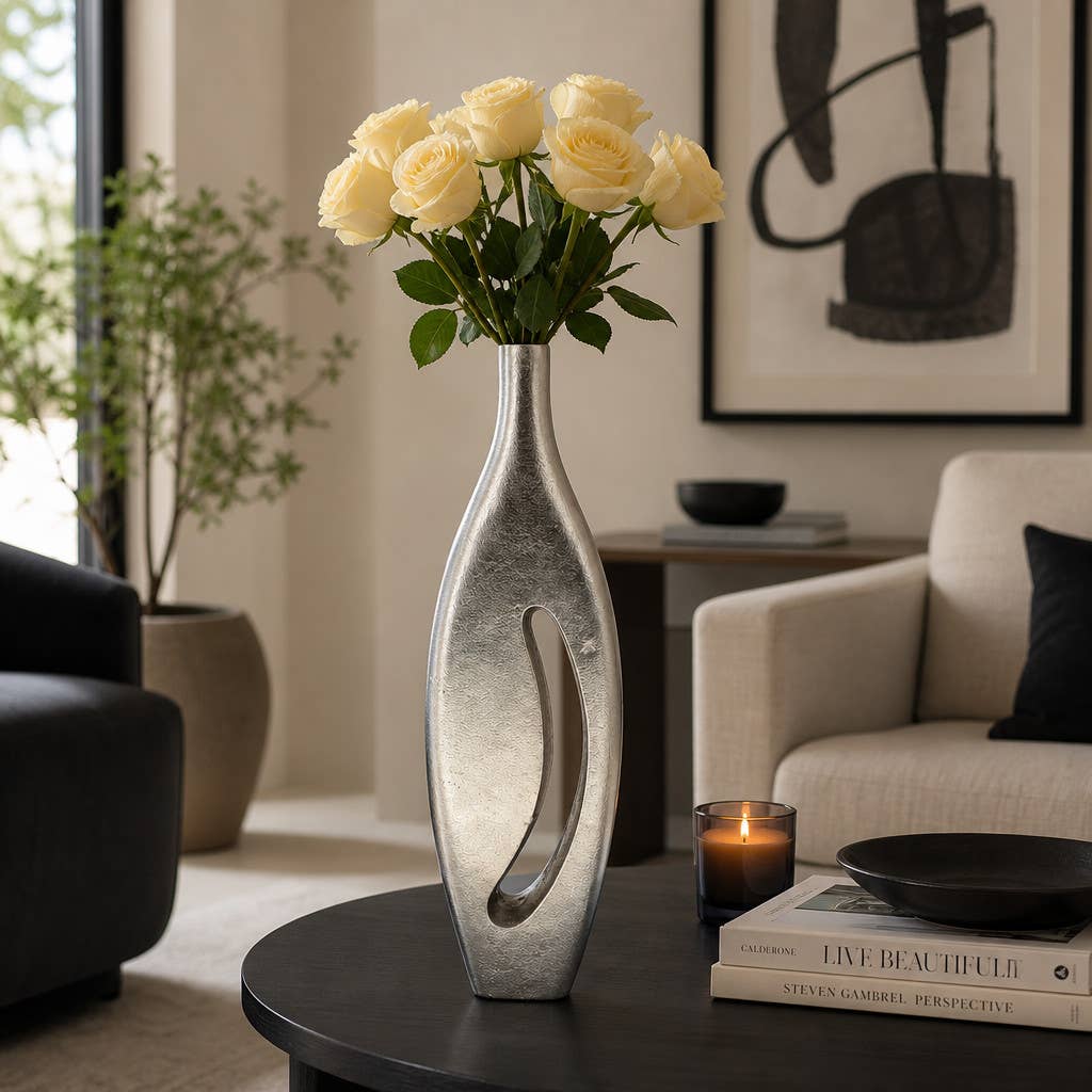 Decorative Vase - Silver Metal Elongated Form, 20 in.