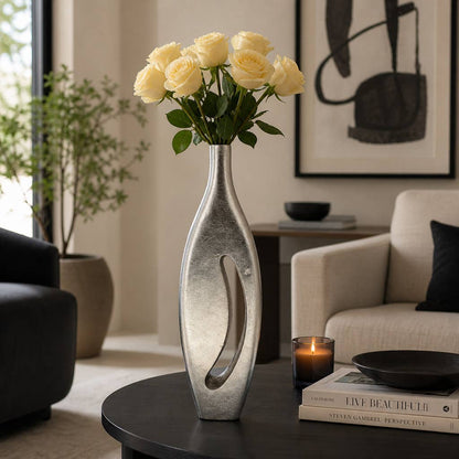 Decorative Vase - Silver Metal Elongated Form, 20 in.