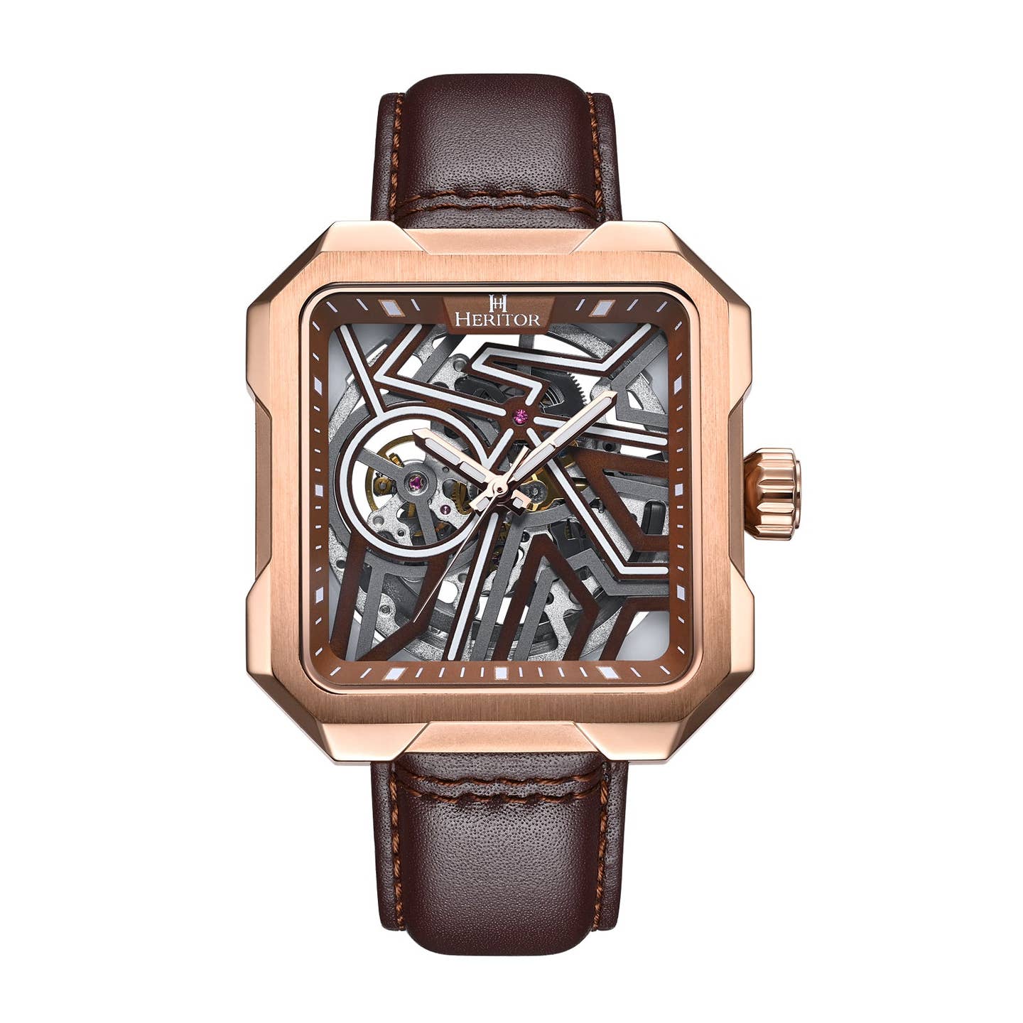 Heritor Campbell Men's Automatic Skeleton Leather Watch, Rose Gold/Brown