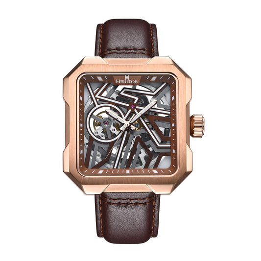 Heritor Campbell Men's Automatic Skeleton Leather Watch, Rose Gold/Brown