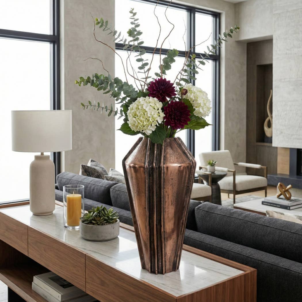 Decorative Vase - Bronze Metal Textured Design, 17 in.