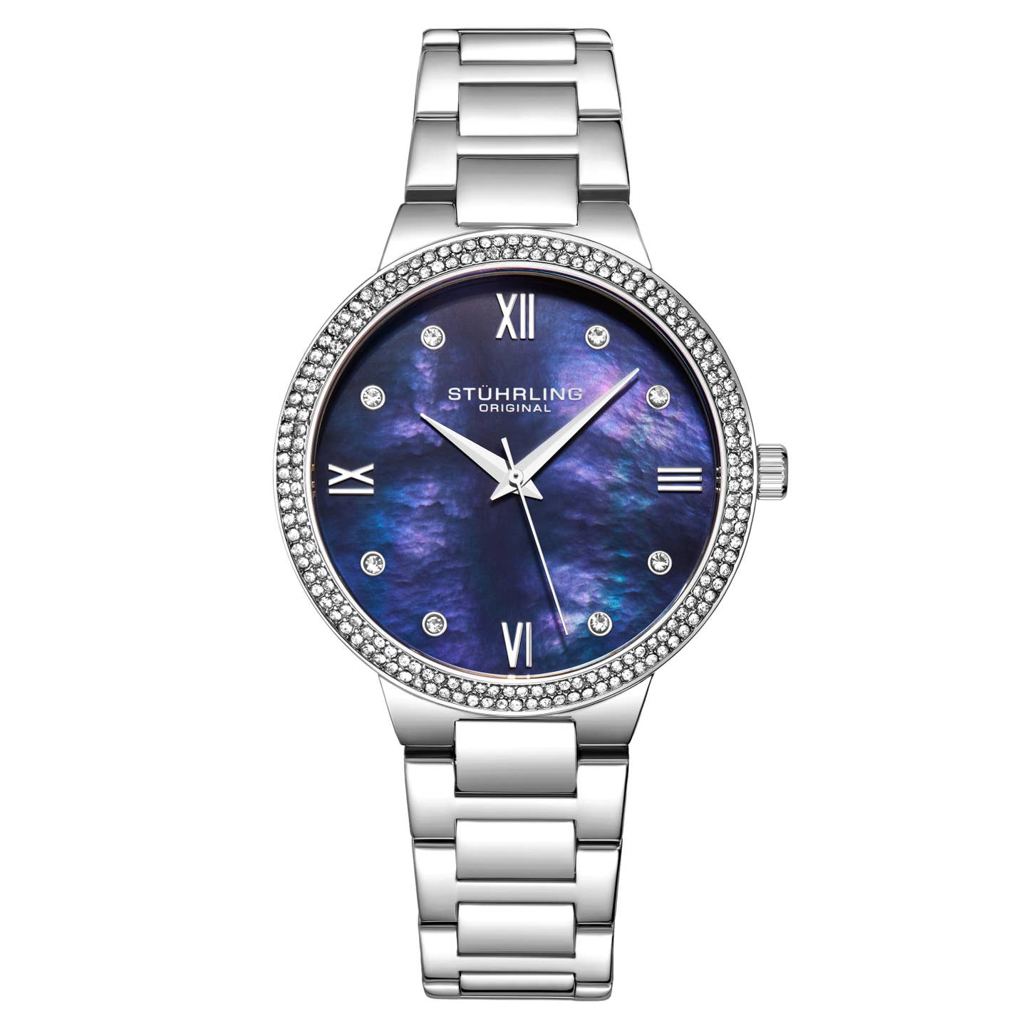 Stuhrling Original Carrara 3907 Women's Quartz Watch, 38mm, Blue Mother-of-Pearl Dial, Silver-Tone Stainless Steel Bracelet, Crystal-Accented Bezel