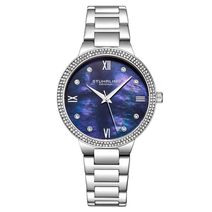 Stuhrling Original Carrara 3907 Women's Quartz Watch, 38mm, Blue Mother-of-Pearl Dial, Silver-Tone Stainless Steel Bracelet, Crystal-Accented Bezel