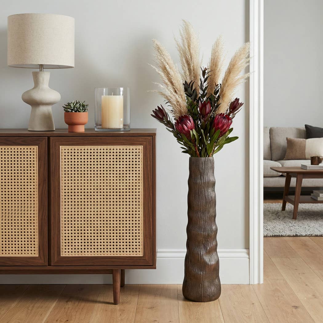 Decorative Vase - Bronze Metal Ribbed Texture, 27 in.