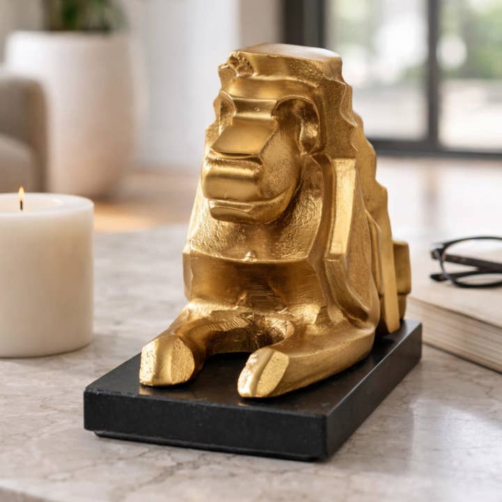 Sculpture - Gold Metal Lion with Marble Base, 8 in.