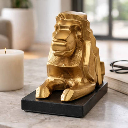 Sculpture - Gold Metal Lion with Marble Base, 8 in.