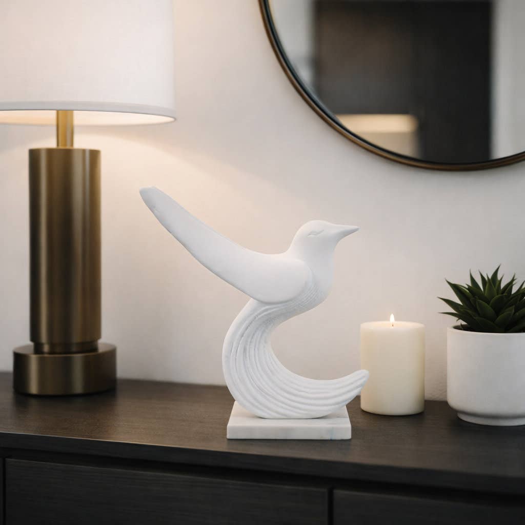 Sculpture - White Marble Decorative Bird with Base, 11 in.