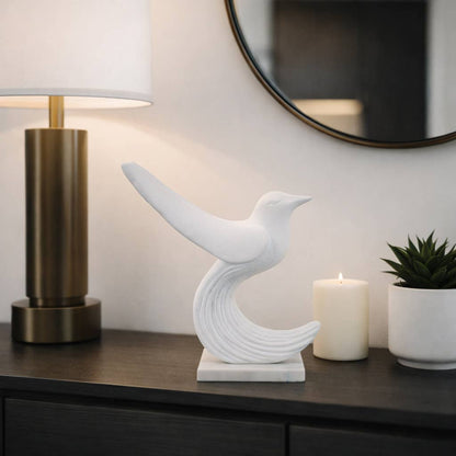 Sculpture - White Marble Decorative Bird with Base, 11 in.
