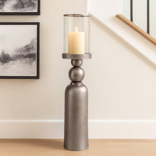 Candle Holder - Silver Metal Removable Hurricane, 36 in.