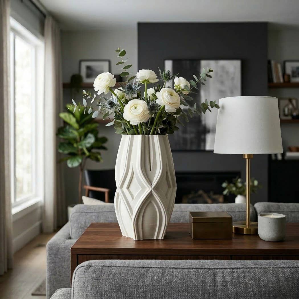 Decorative Vase - Ivory Ceramic Sculpted Textured, 14 in.