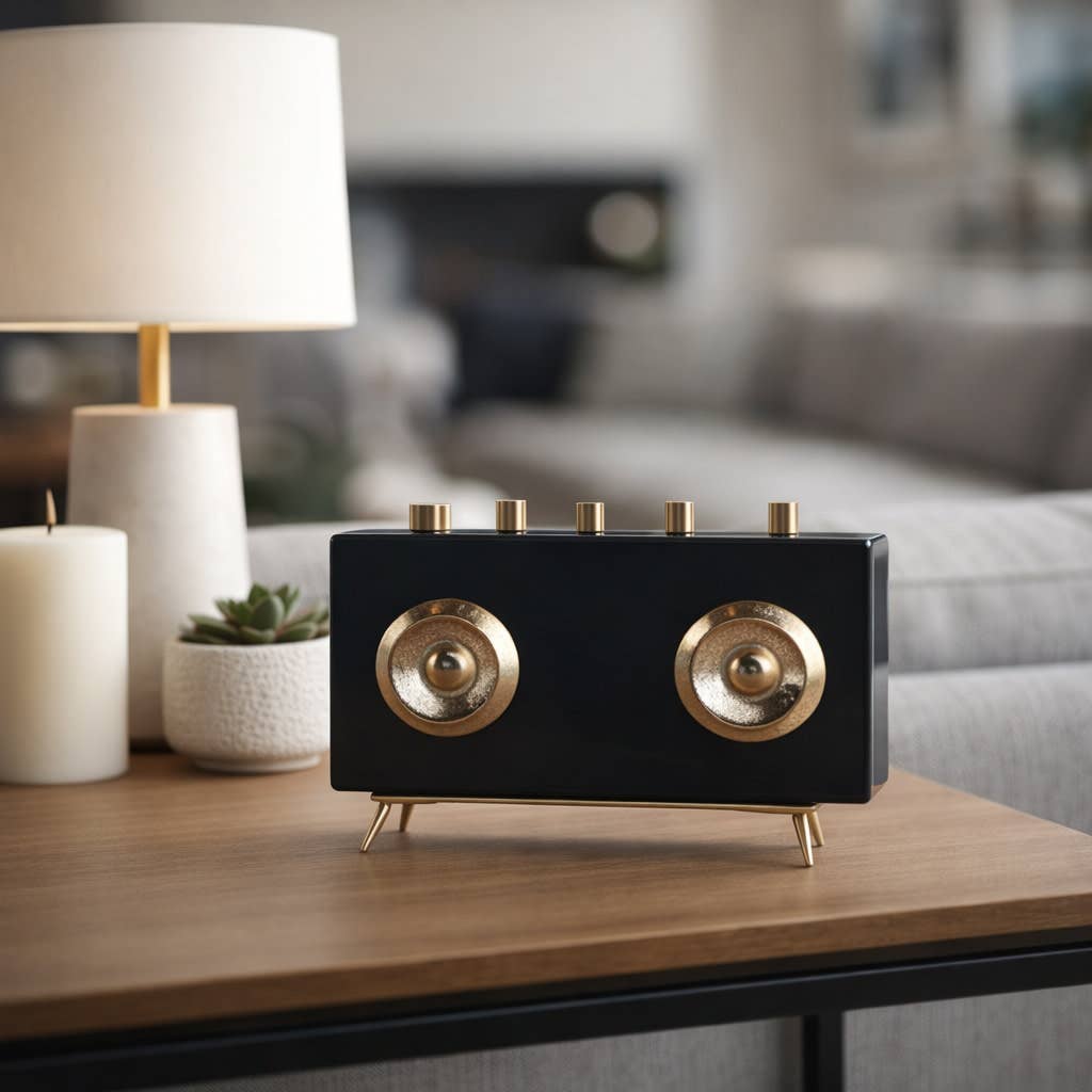 Sculpture - Black and Gold Metal Rectangular Radio, 6 in.