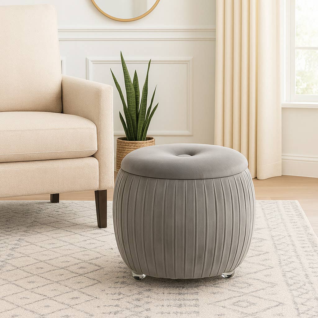 Storage Stool - Gray Wood Round with Cushioned Seat, 18 in.