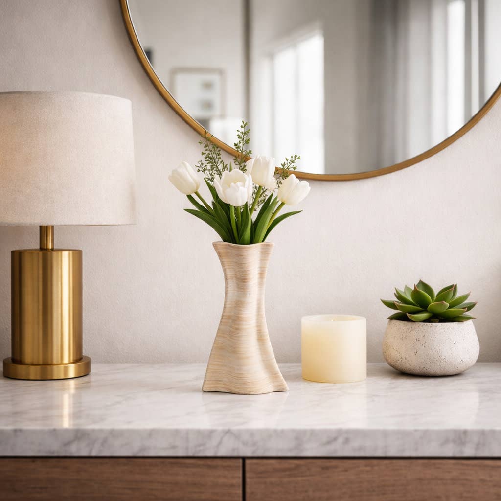 Decorative Vase - Tan Porcelain 3D Printed Textured, 12 in.