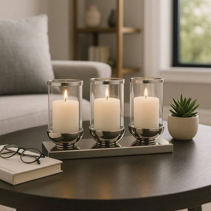 Candle Holder - Silver Metal 3-Candle Centerpiece, 16 in.