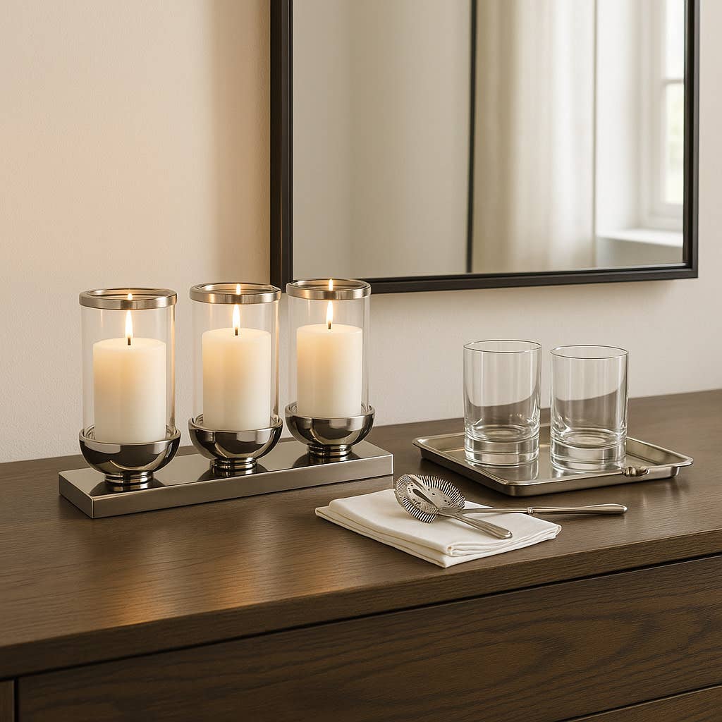 Candle Holder - Silver Metal 3-Candle Centerpiece, 16 in.