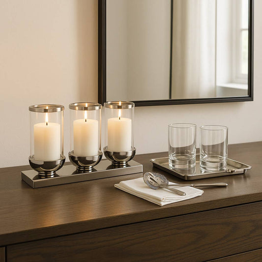 Candle Holder - Silver Metal 3-Candle Centerpiece, 16 in.