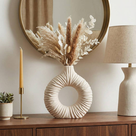 Decorative Vase - Ivory Ceramic Donut-Shaped, 12 in.