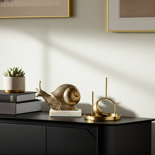 Decorative Object - Gold Metal Snail On Marble Base, 10 in.