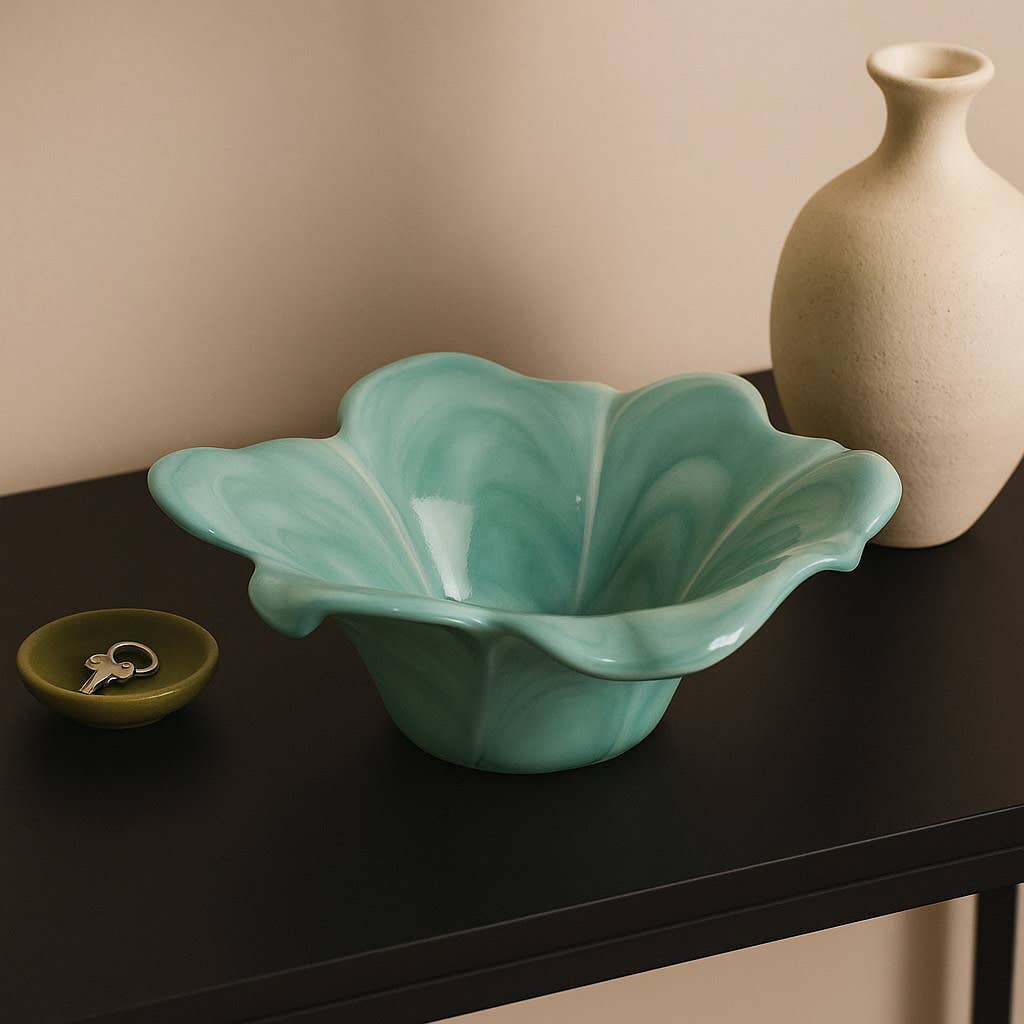 Decorative Bowl - Blue Glass Swirl Flower-Shaped, 14 in.