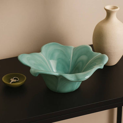 Decorative Bowl - Blue Glass Swirl Flower-Shaped, 14 in.