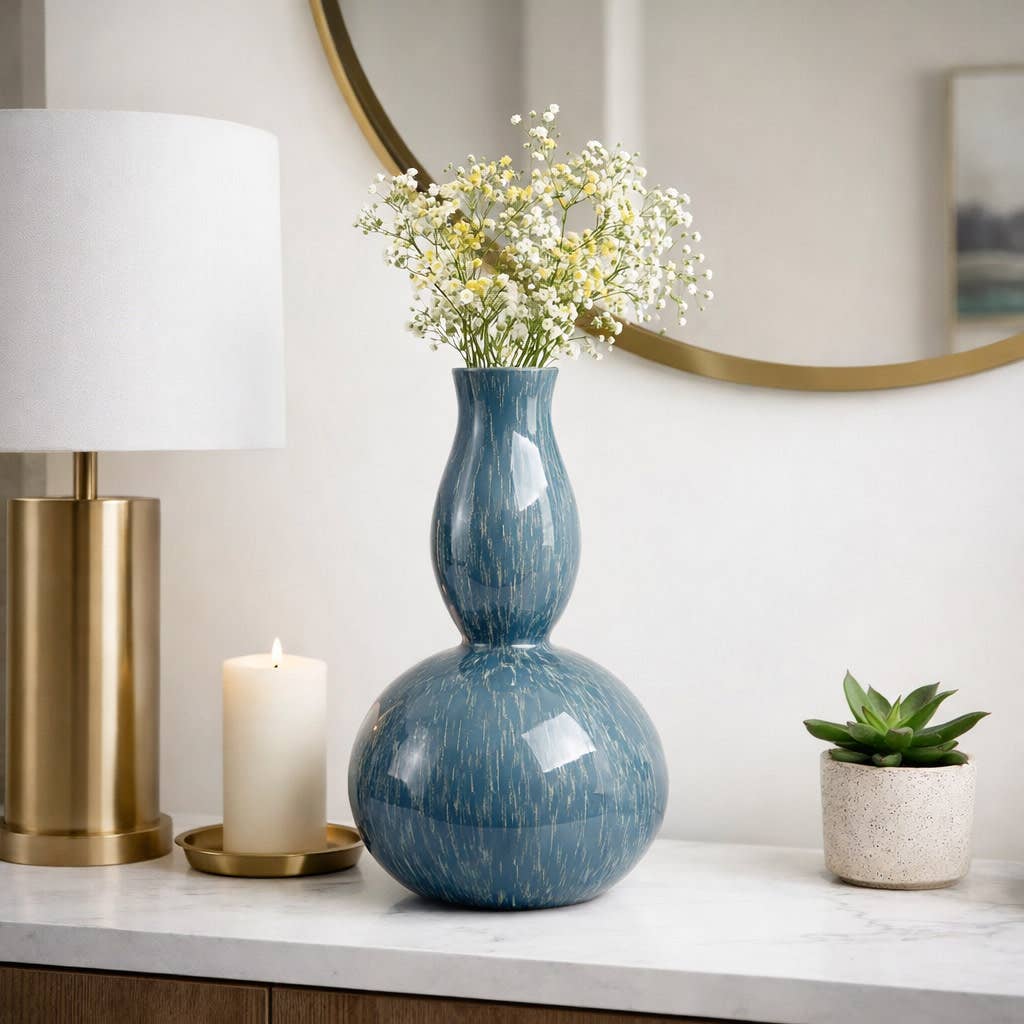 Decorative Vase - Blue Ceramic Double-Gourd Glossy, 18 in.