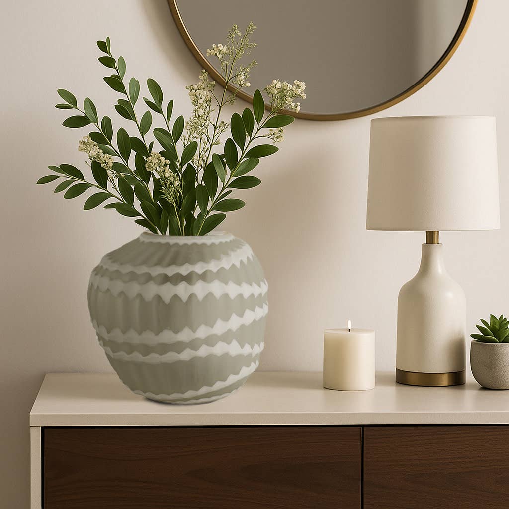Decorative Vase - White Glass Vertical Strip Pattern, 11 in.