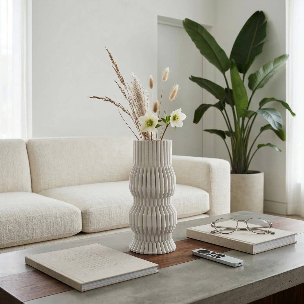 Decorative Vase - White Ceramic Ridged Textured Form, 11 in.