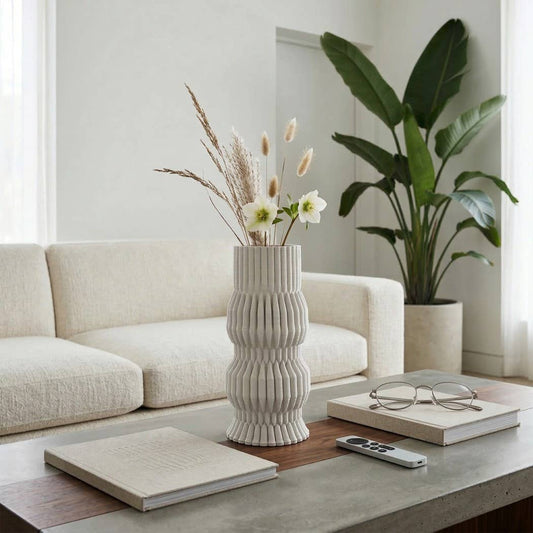 Decorative Vase - White Ceramic Ridged Textured Form, 11 in.